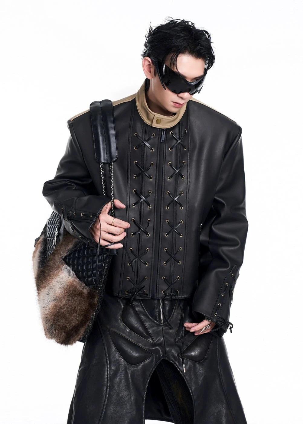 woven cross short leather jacketgm16305