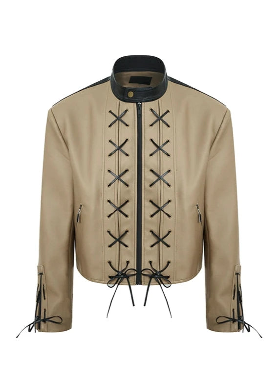 woven cross short leather jacketgm16305
