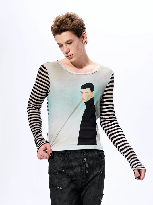 Striped Portrait Graphic Slim Tshirts gm16421