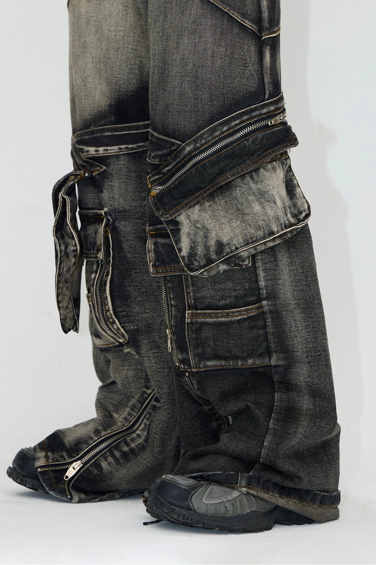 washed zip belt denim pants gm16017