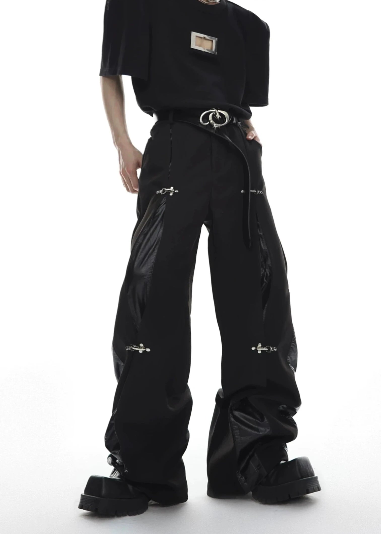 leather splicing design casual straight trousers gm15310