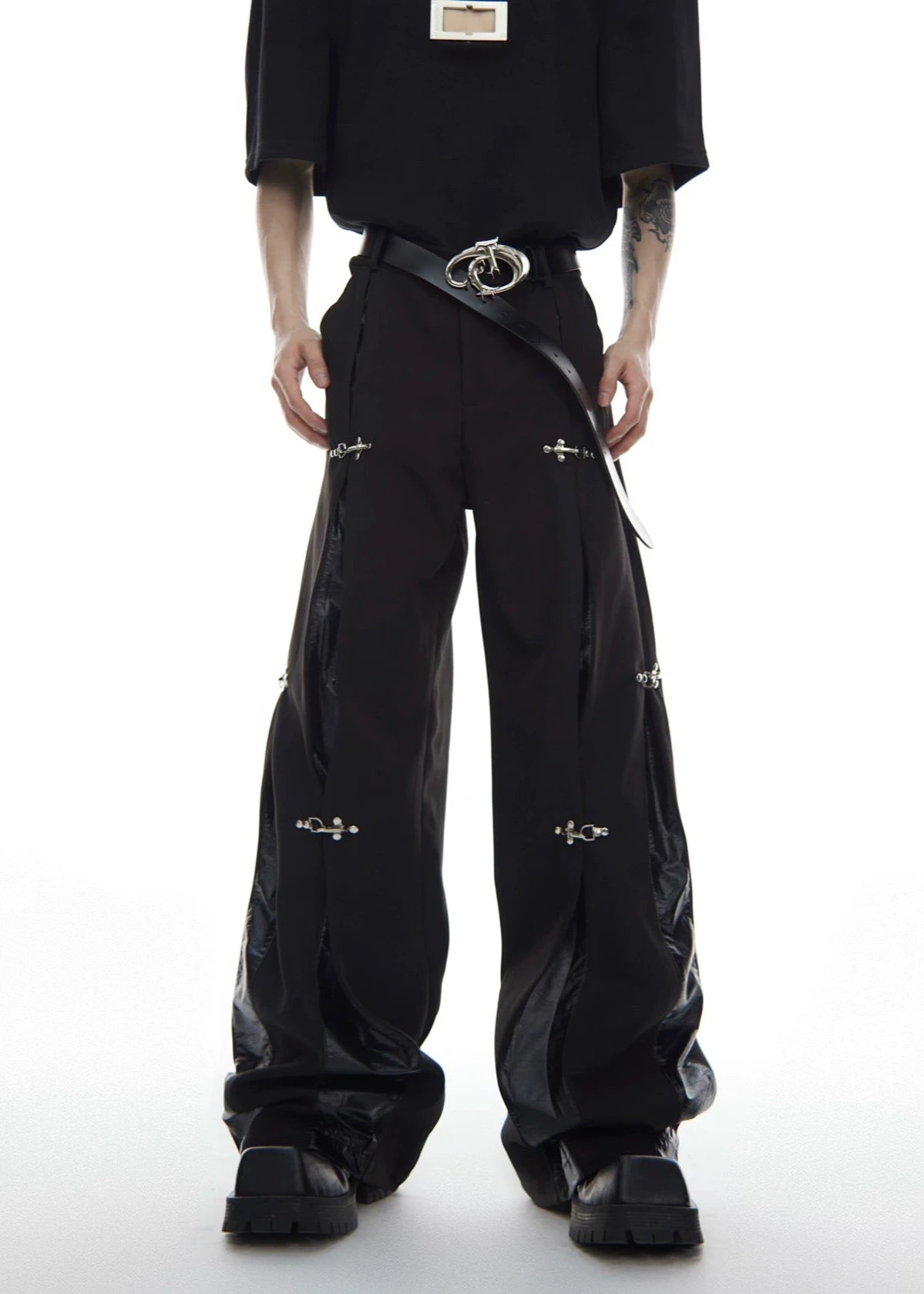 leather splicing design casual straight trousers gm15310