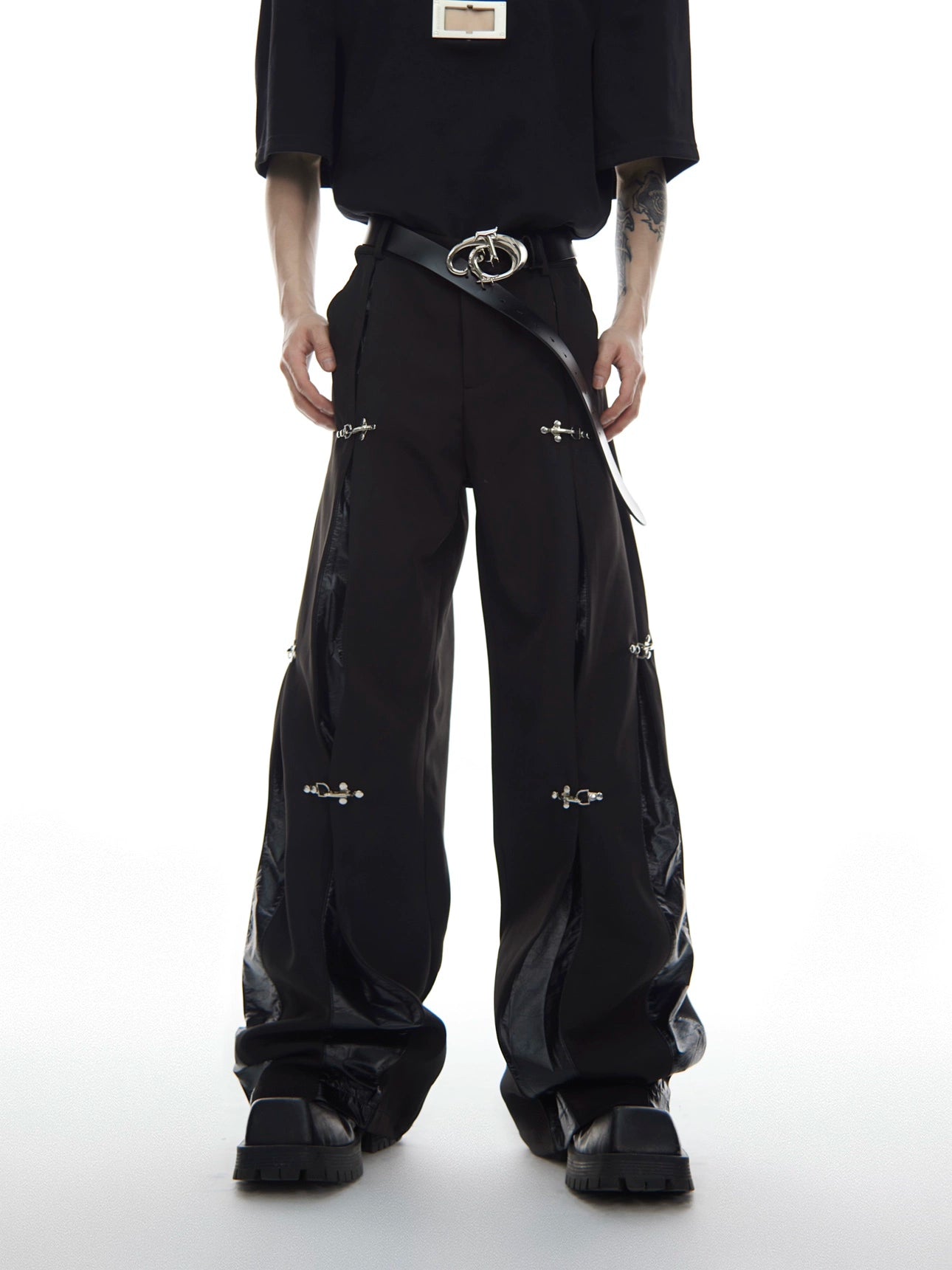 leather splicing design casual straight trousers gm15310