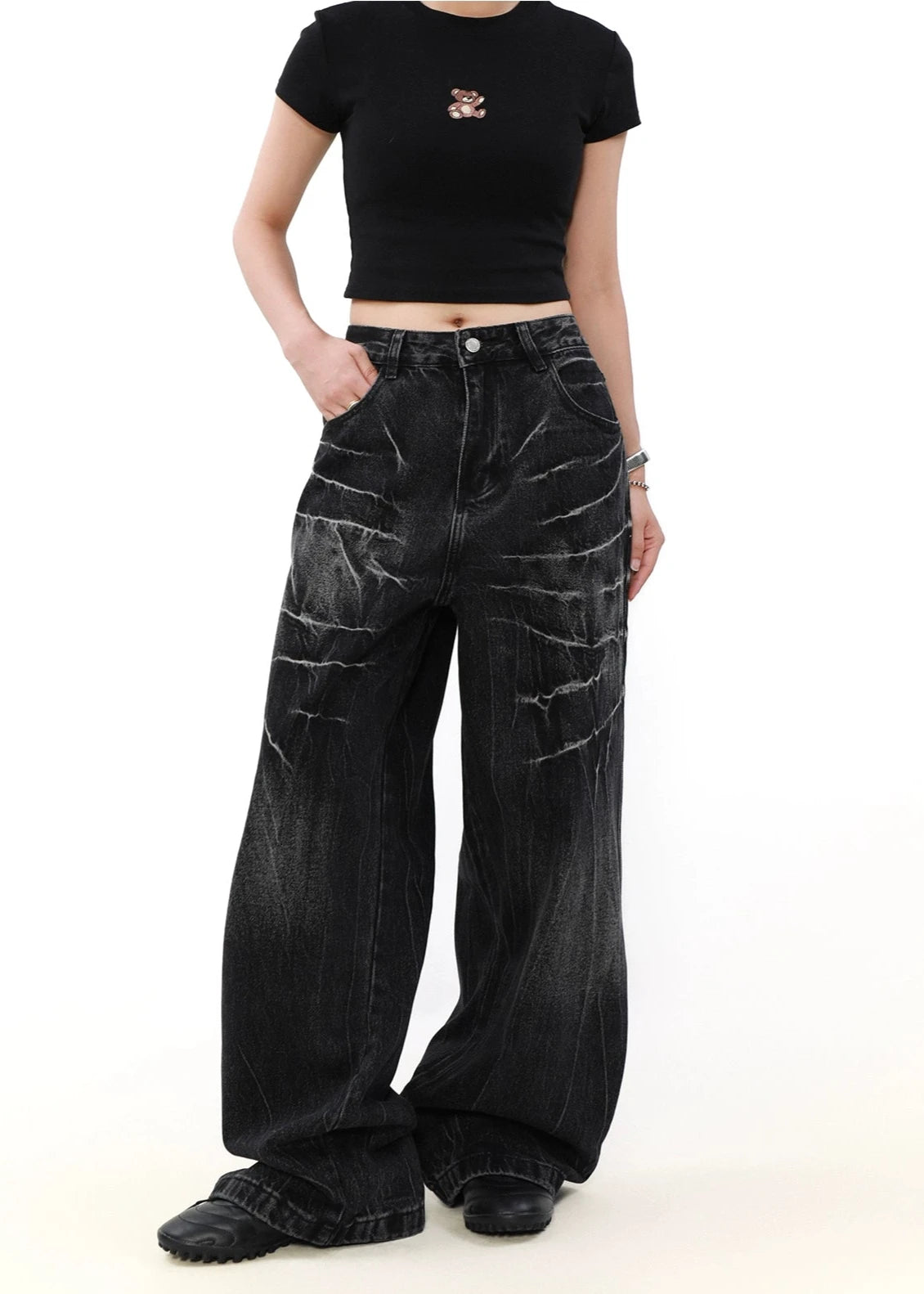 wide leg black denim pants gm16022