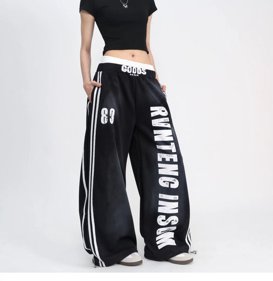 Side Stripe Letter Print Wide-Leg Sweat Pants gm16624