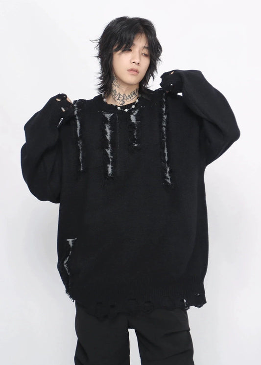 hem ripped round neck sweater gm16247