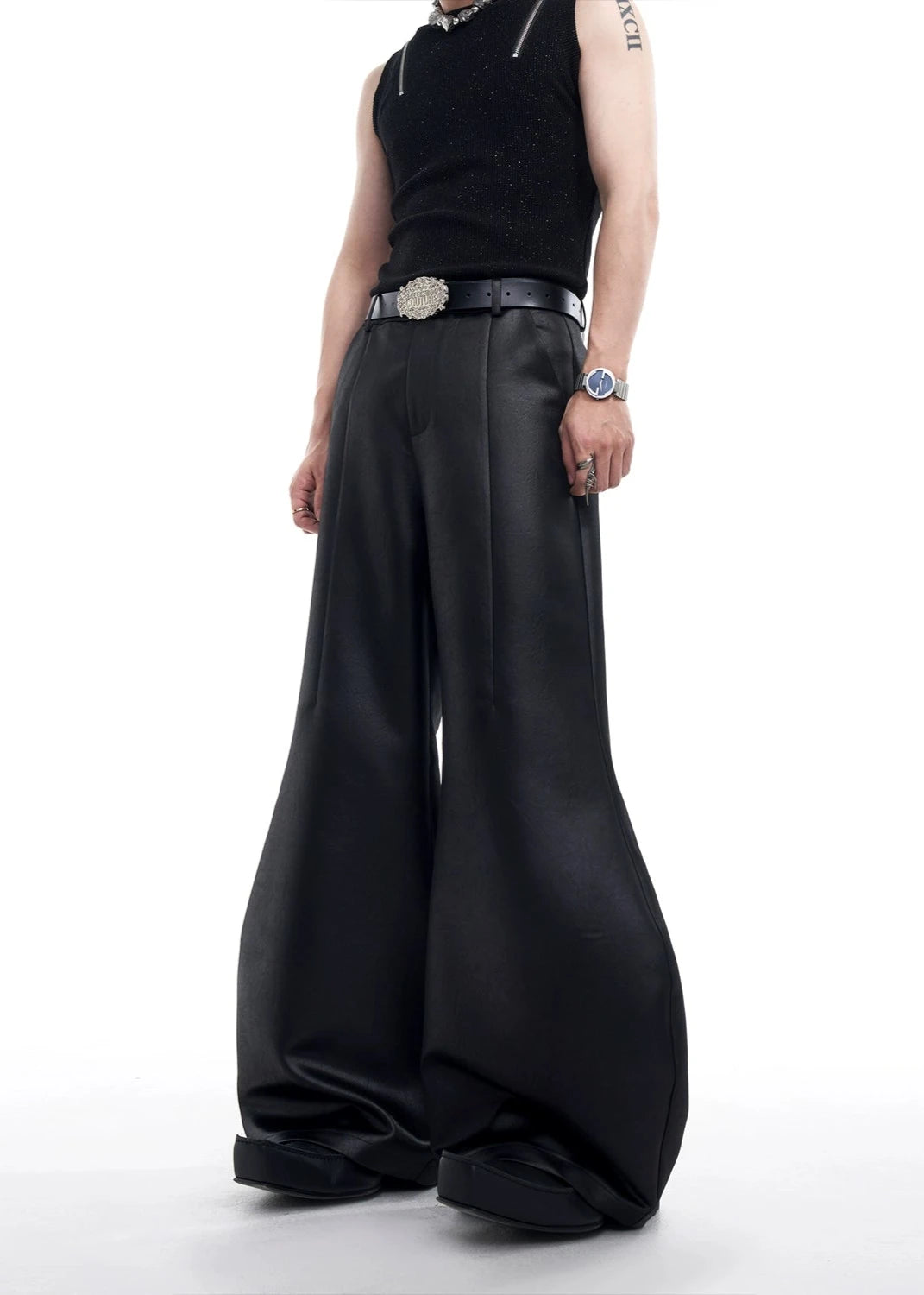 black satin scimitar wide leg pants gm15893