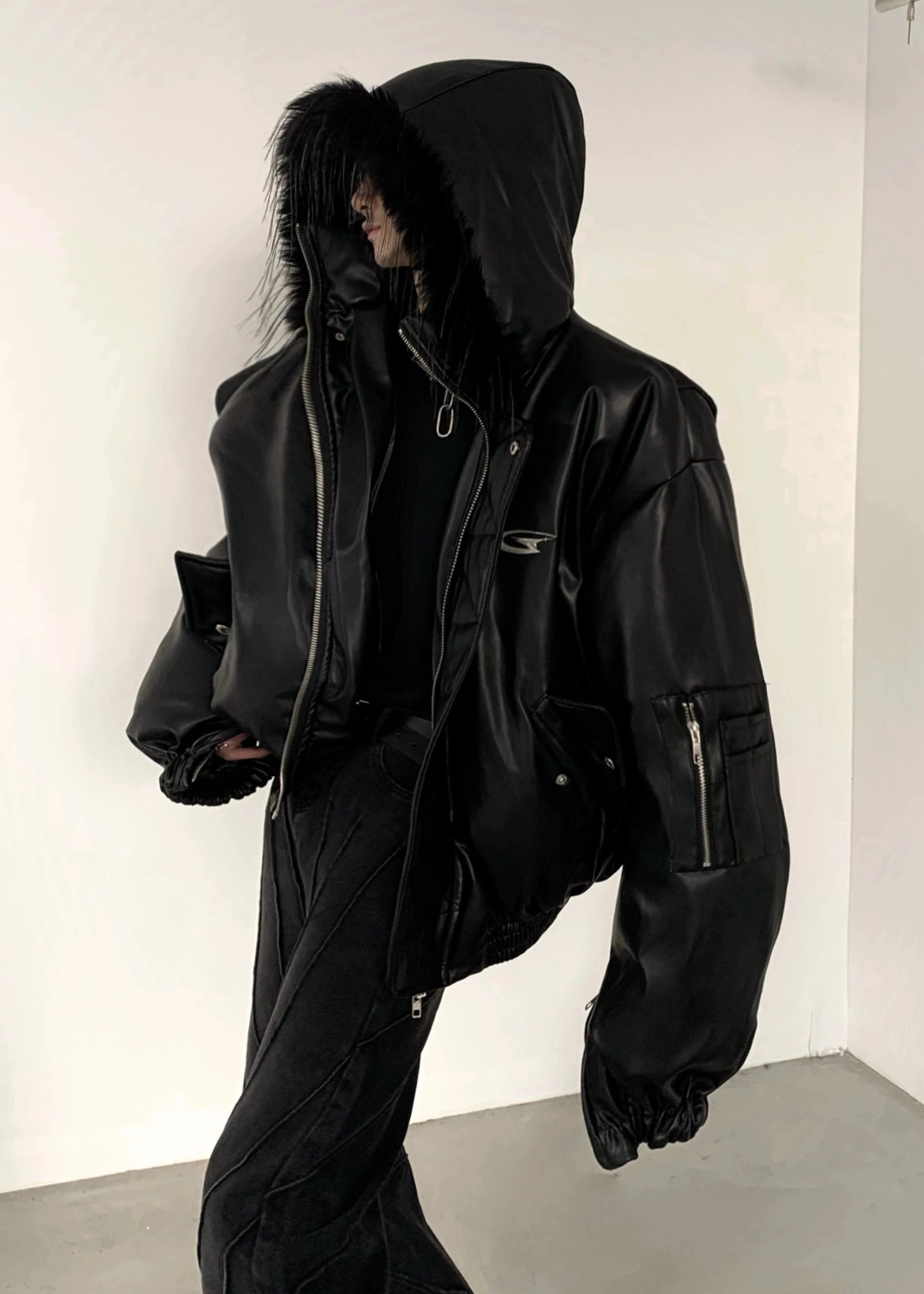 fur hooded leather jacket gm16329