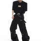 leather splicing design casual straight trousers gm15310