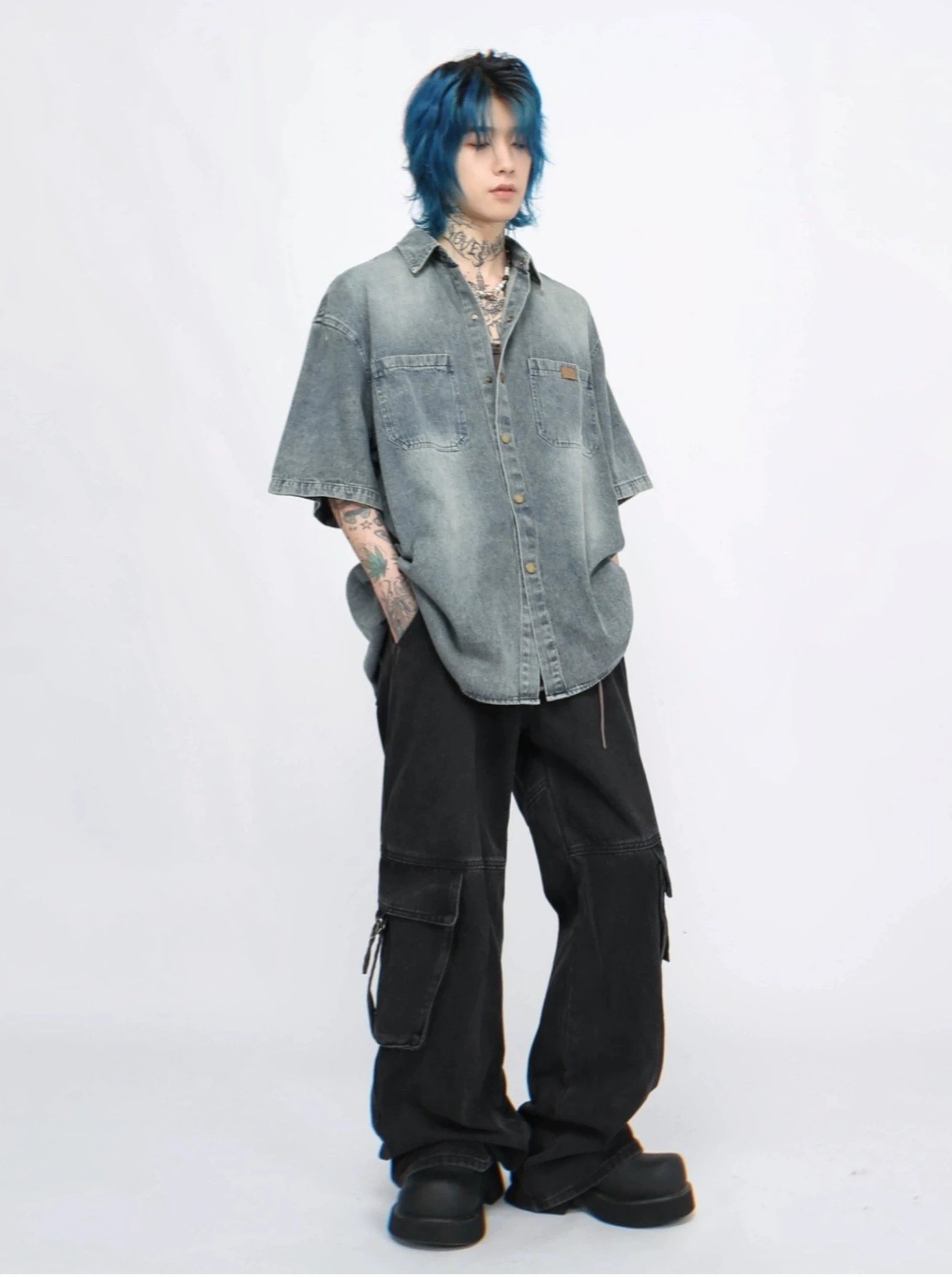 retro washed denim short-sleeved shirt  gm15340