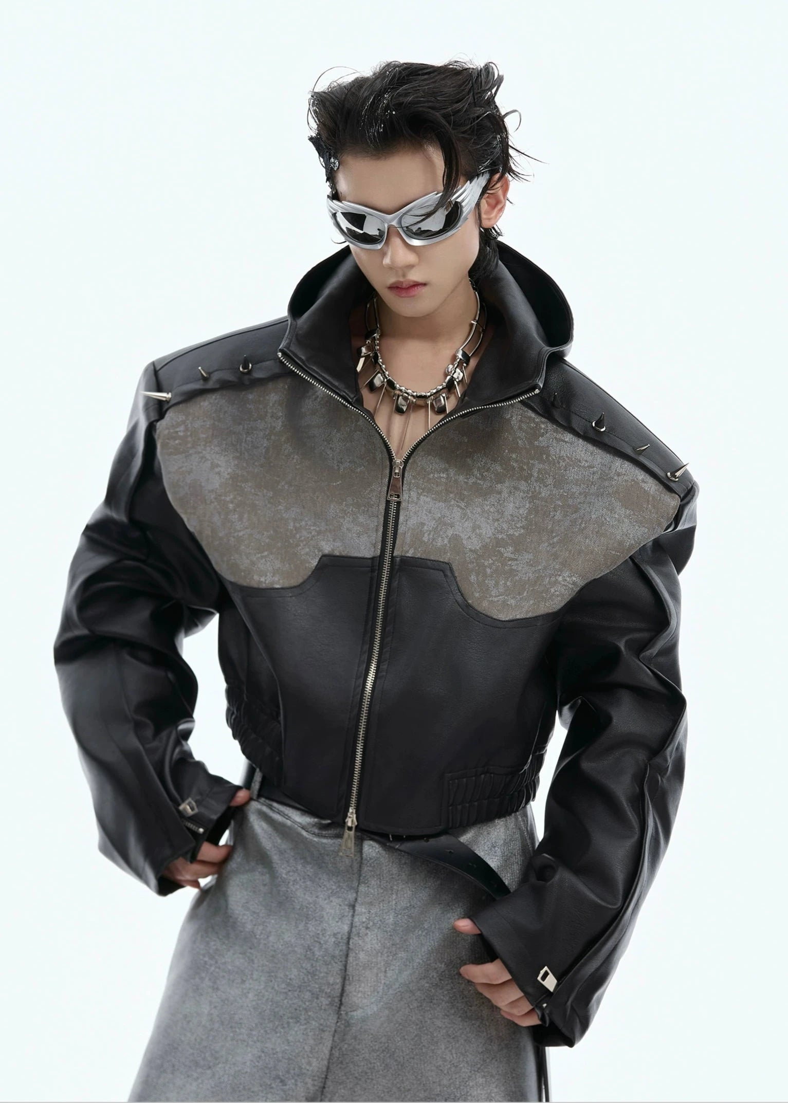 short leather hoodie jacket gm15937