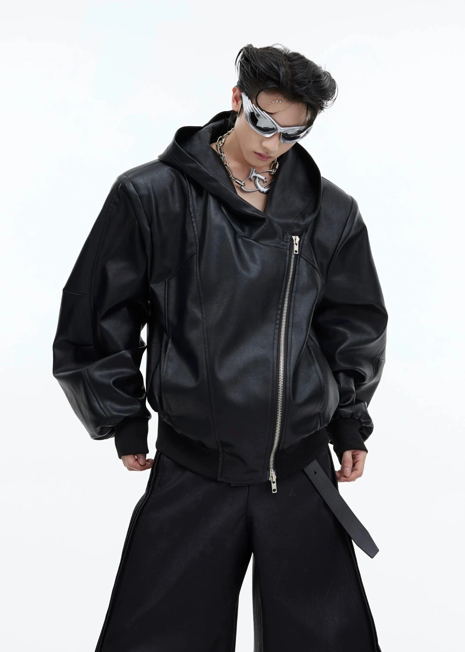 zip leather hoodie gm15980