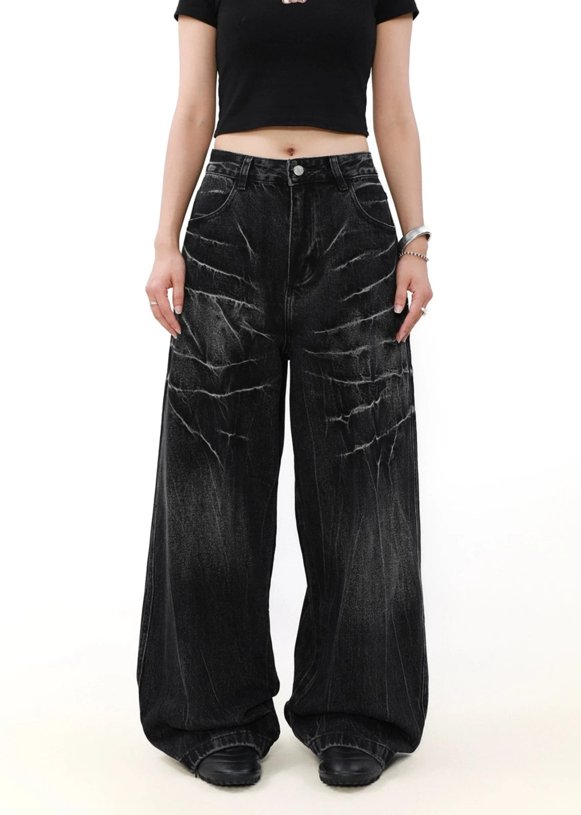 wide leg black denim pants gm16022