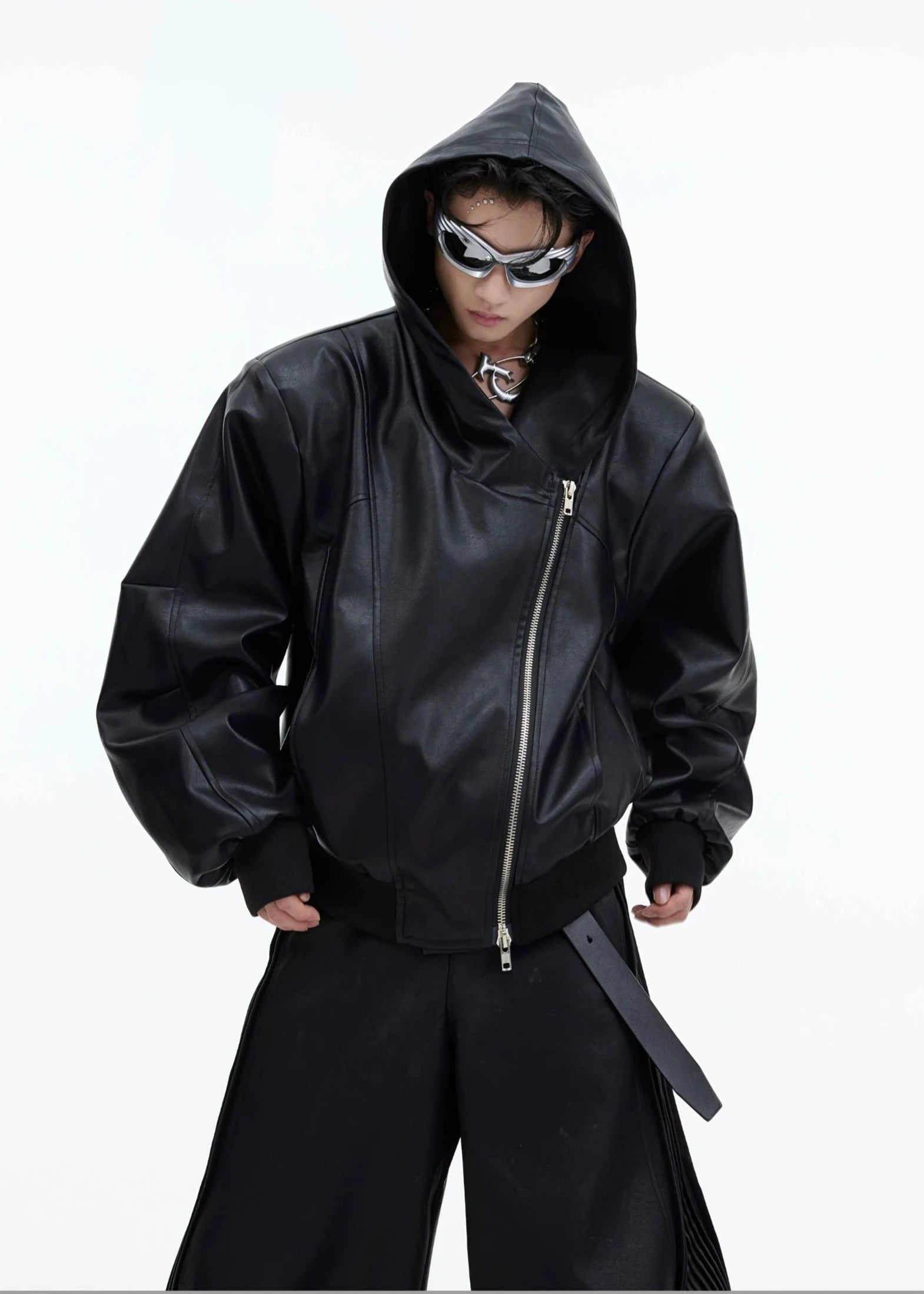 zip leather hoodie gm15980