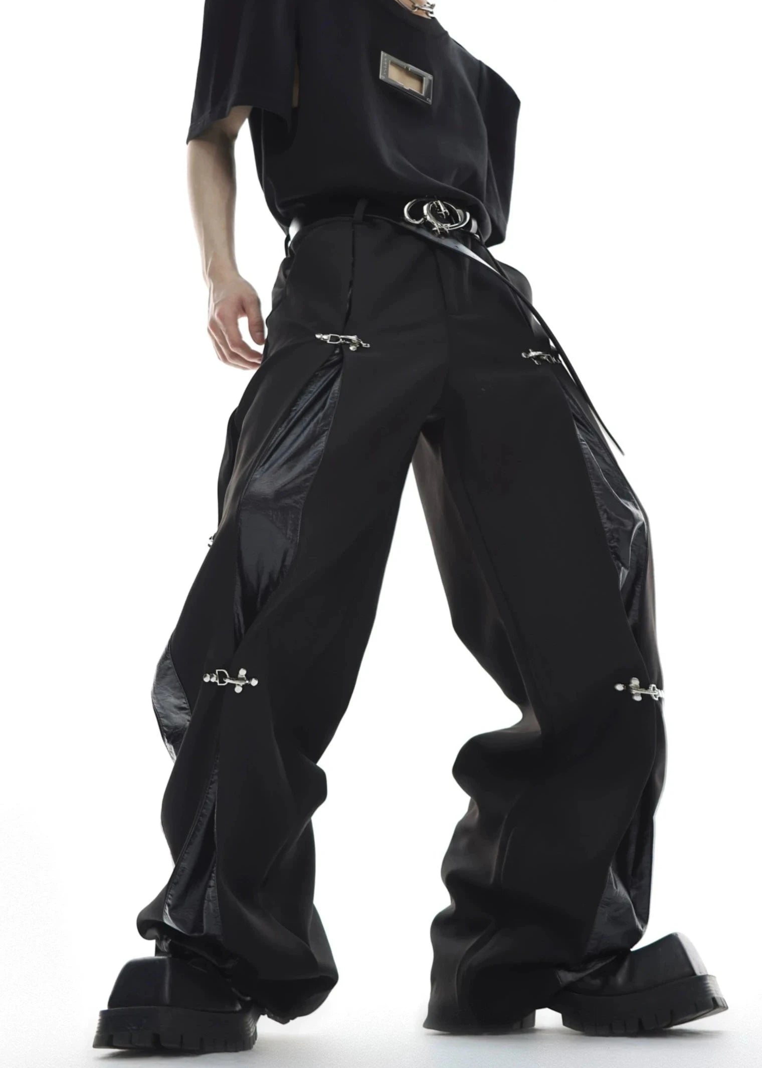 leather splicing design casual straight trousers gm15310