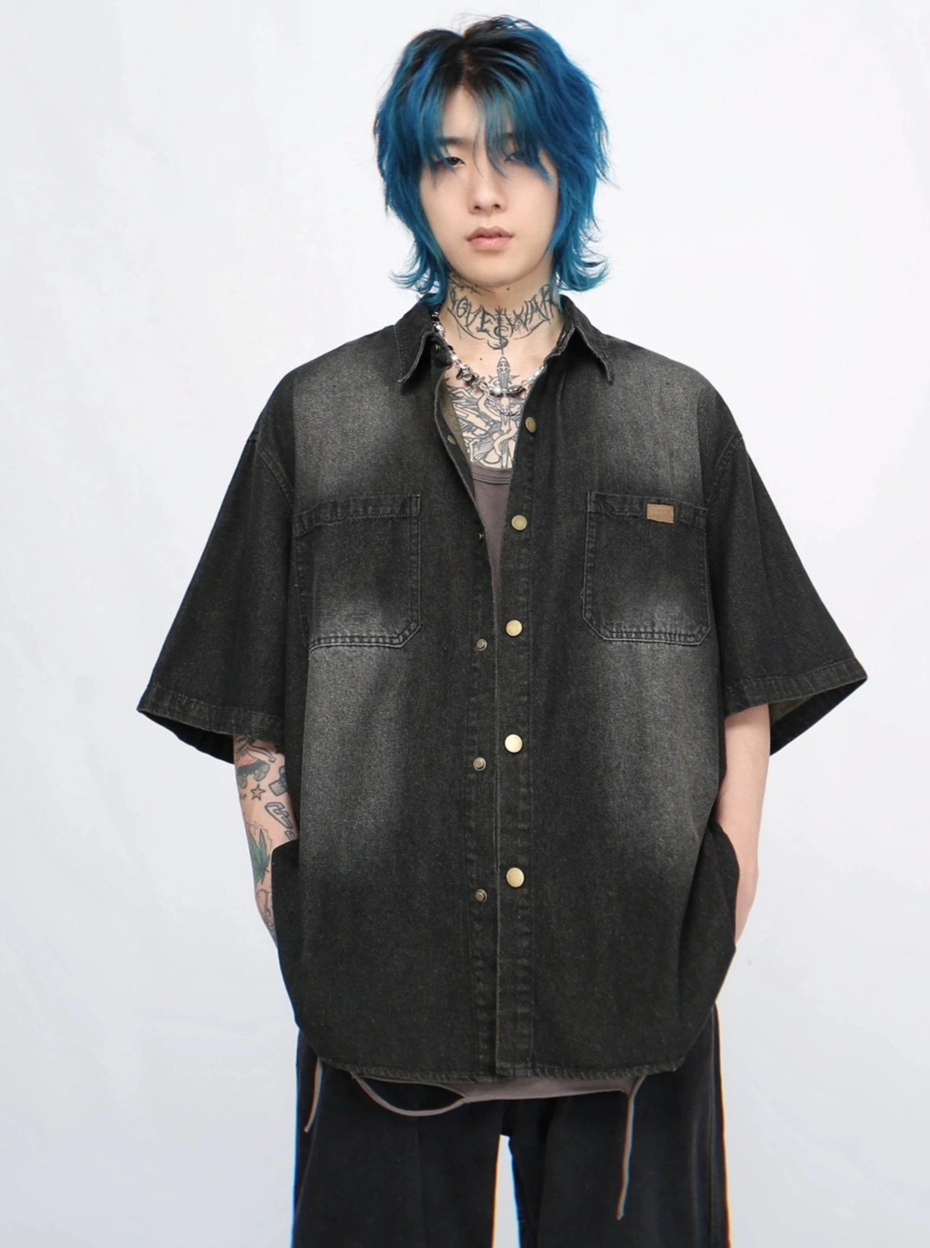 retro washed denim short-sleeved shirt  gm15340