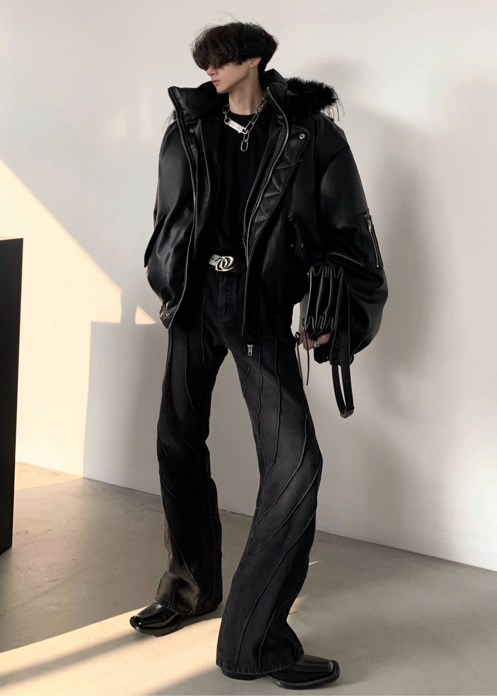 fur hooded leather jacket gm16329