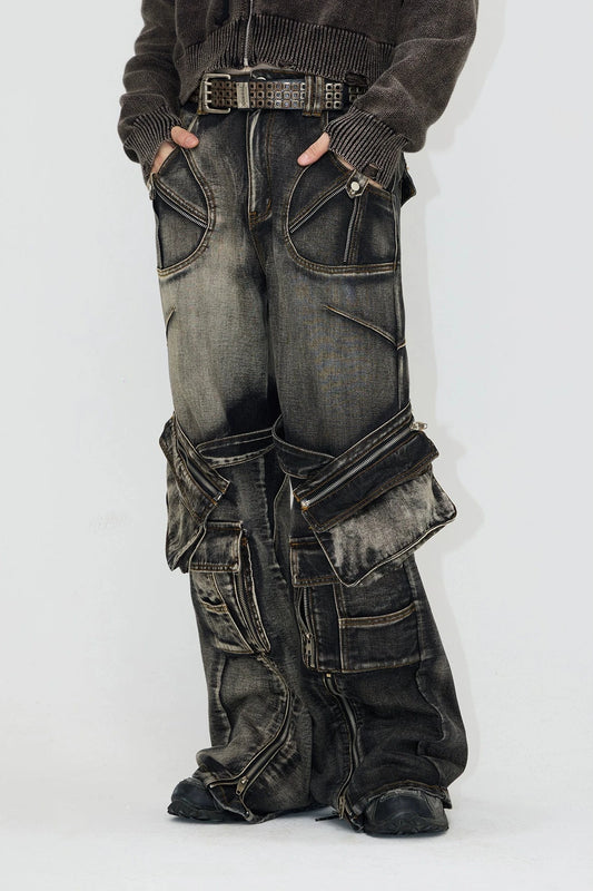 washed zip belt denim pants gm16017