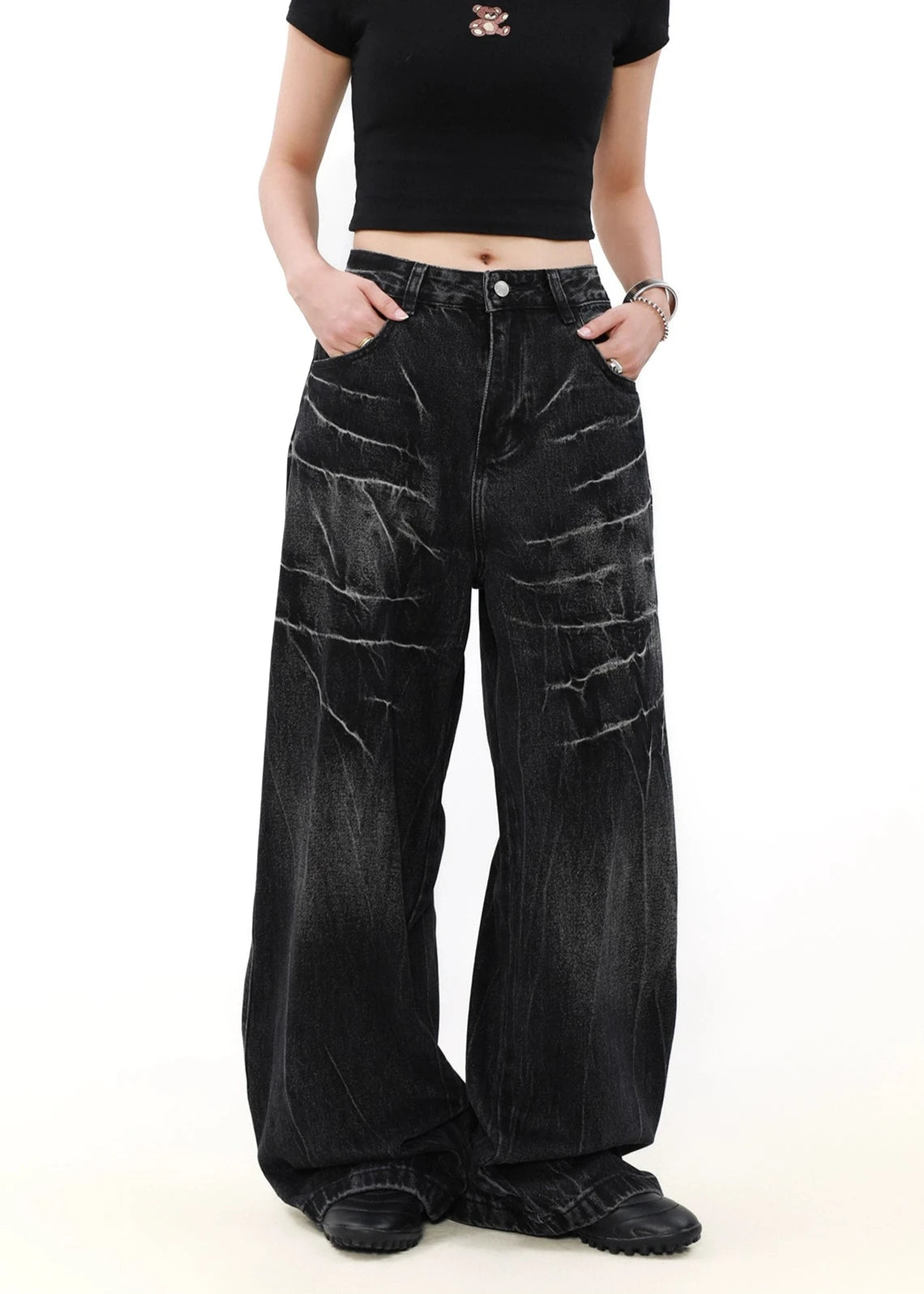 wide leg black denim pants gm16022