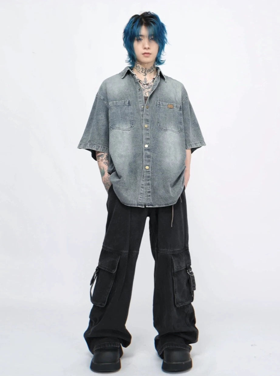 retro washed denim short-sleeved shirt  gm15340