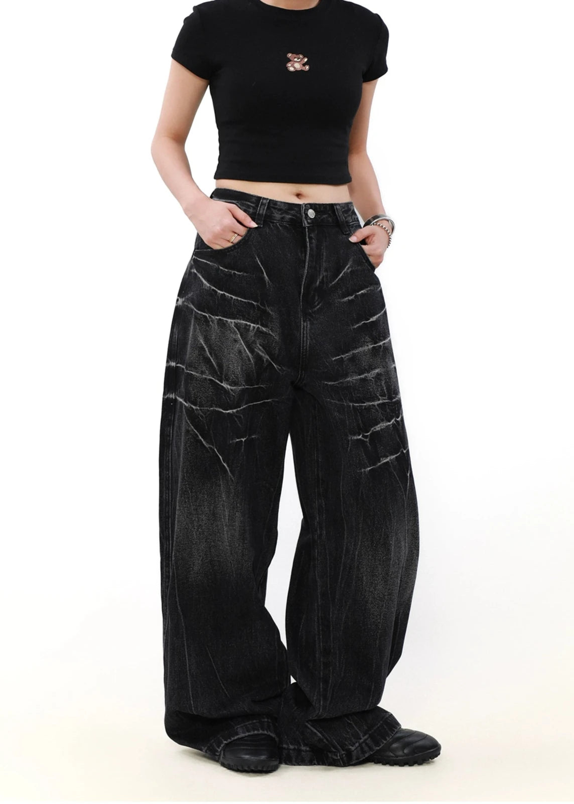 wide leg black denim pants gm16022