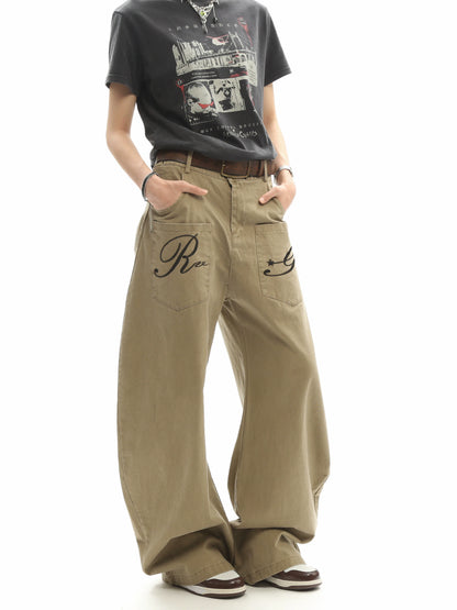 Washed Script Embroidery Wide Leg Cargo Pants gm16618