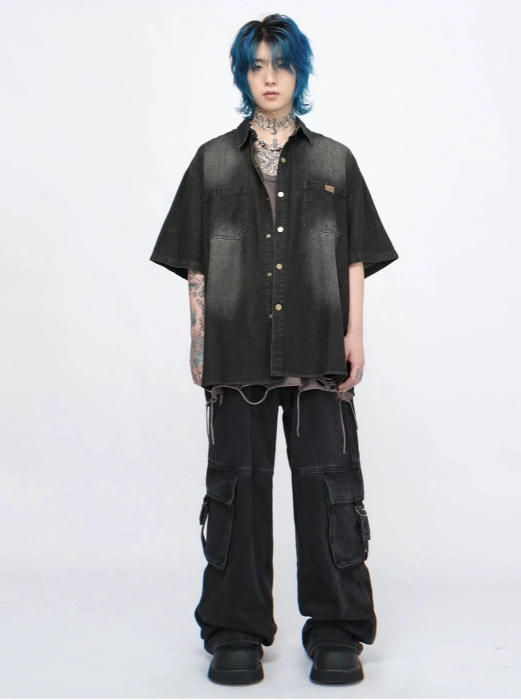 retro washed denim short-sleeved shirt  gm15340