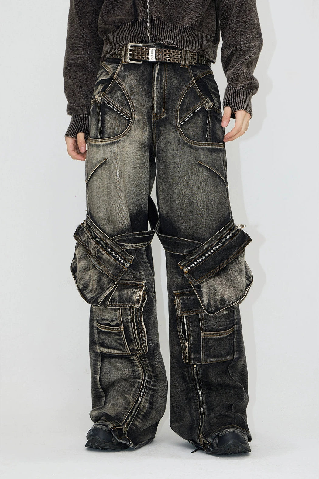 washed zip belt denim pants gm16017