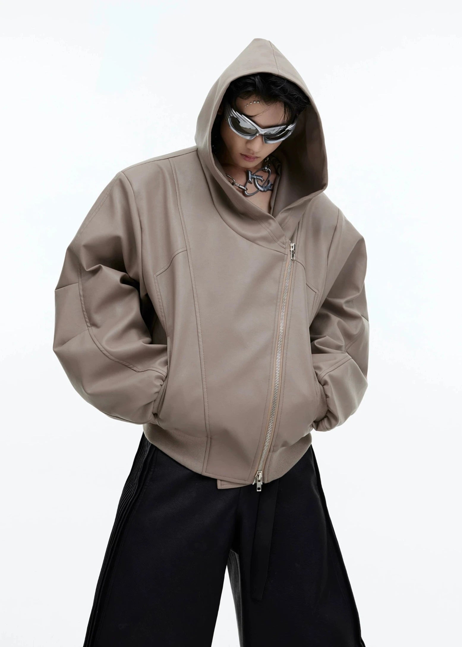 zip leather hoodie gm15980