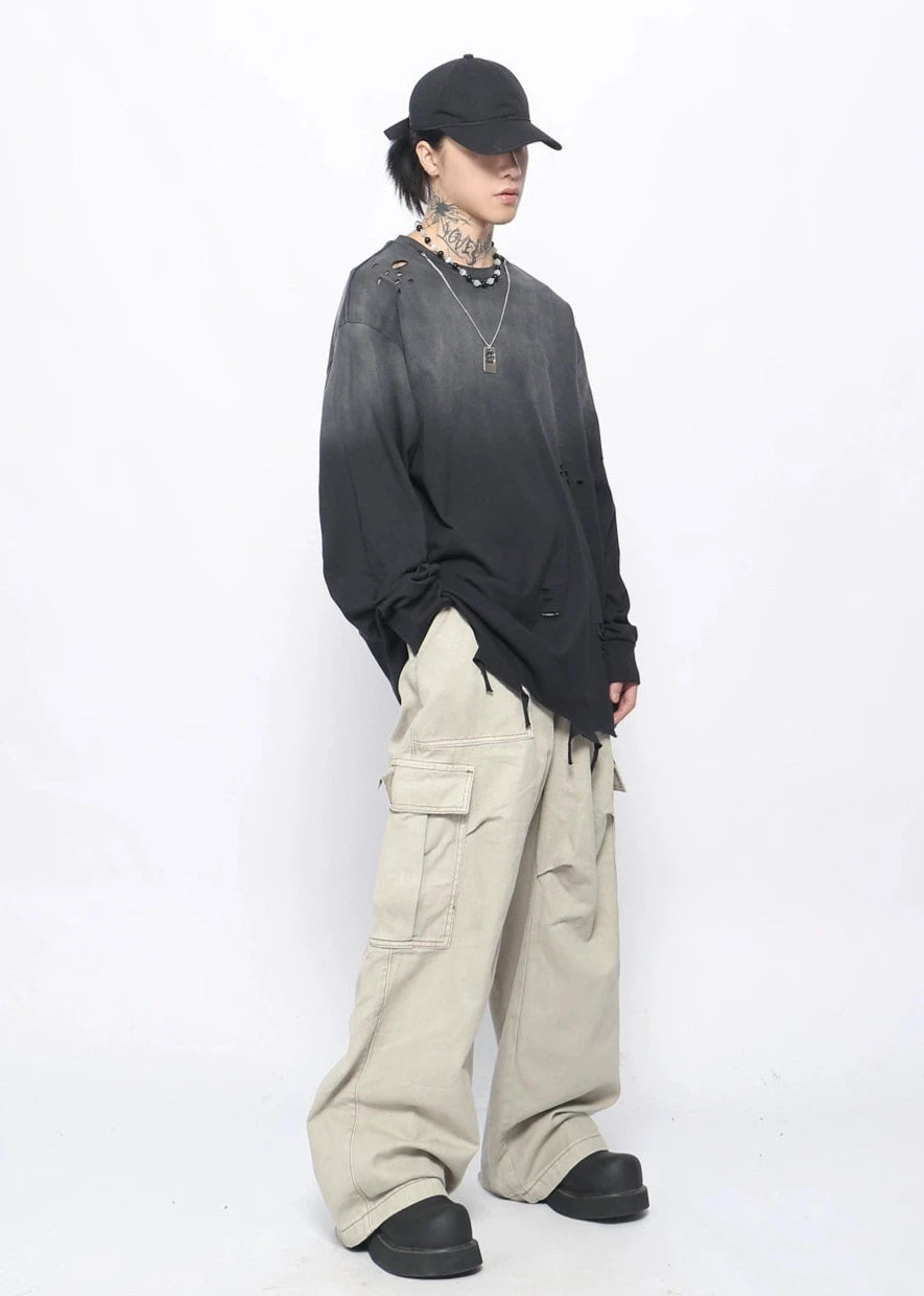 washed hem cut long T-shirt gm16120