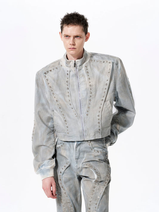 Vintage Wash Studs Denim Cropped Jacket gm16409
