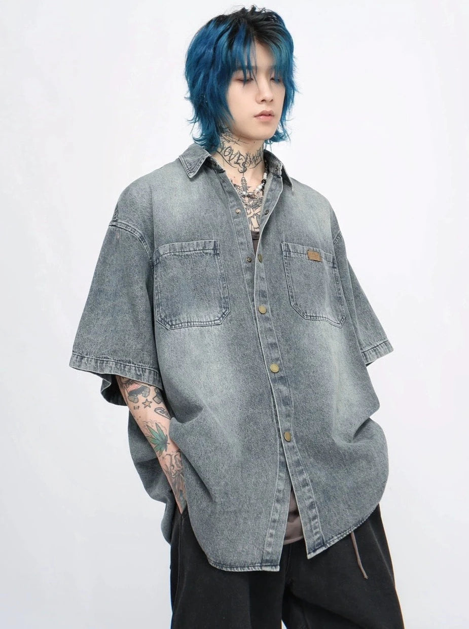 retro washed denim short-sleeved shirt gm15340