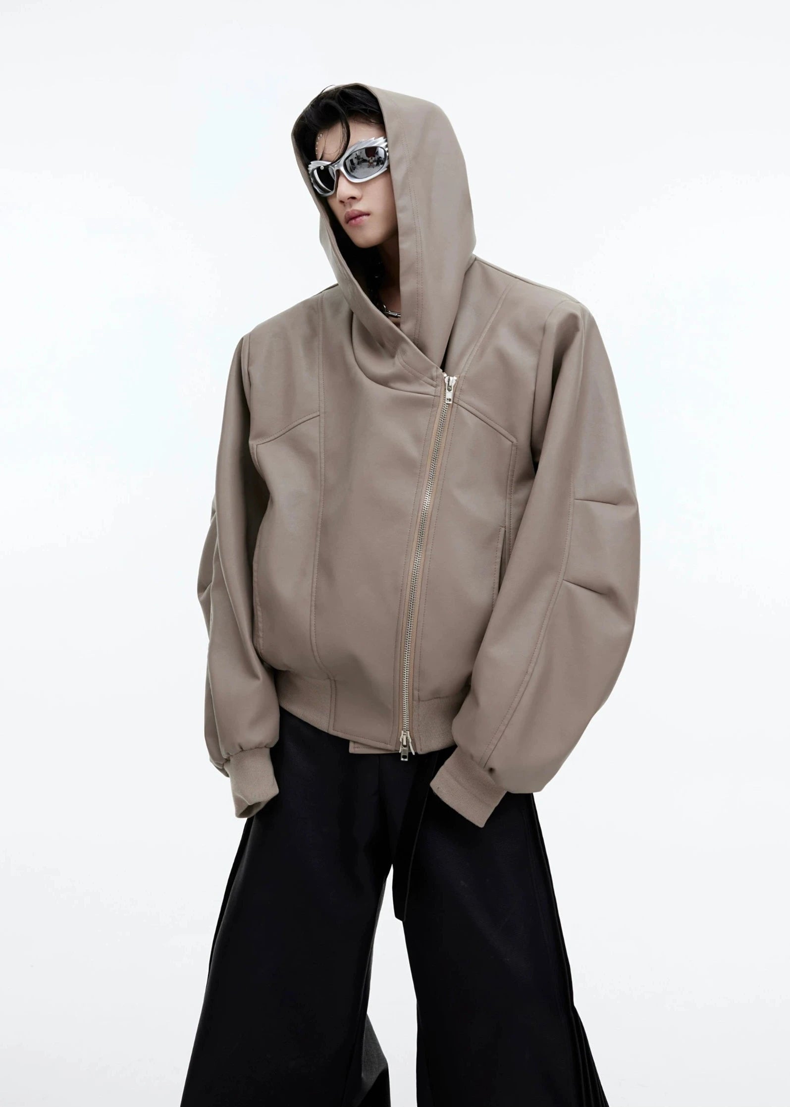 zip leather hoodie gm15980