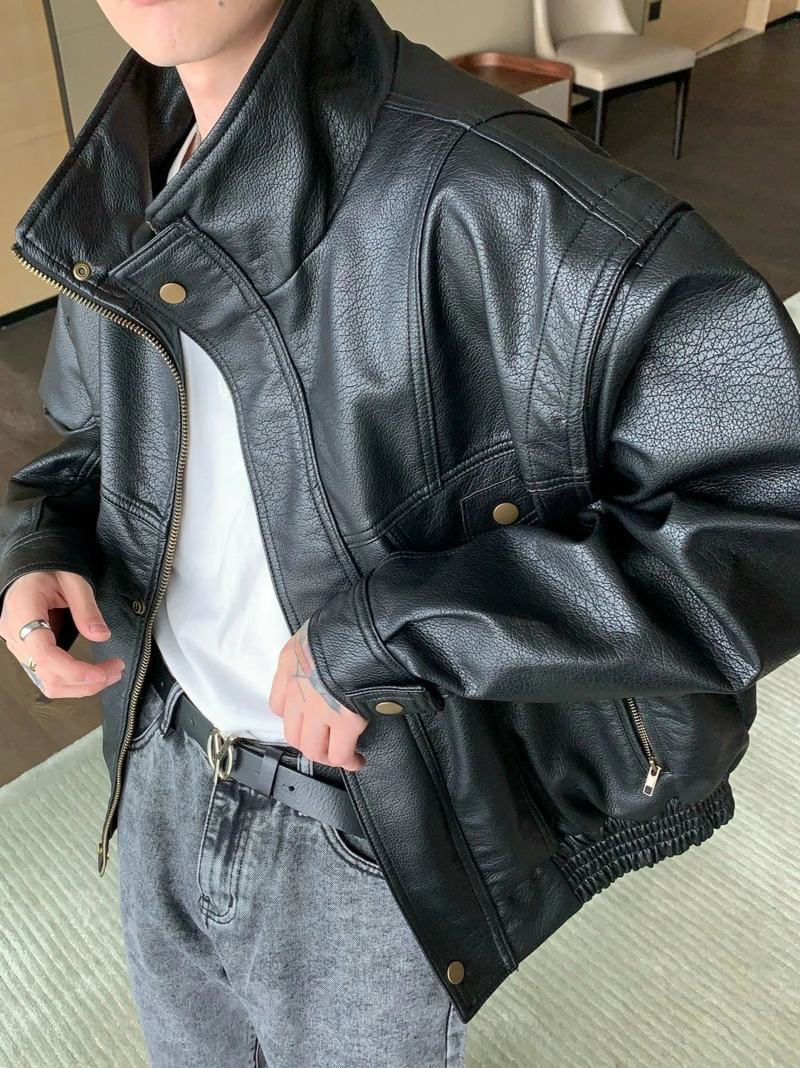 high neck leather jacket gm15578