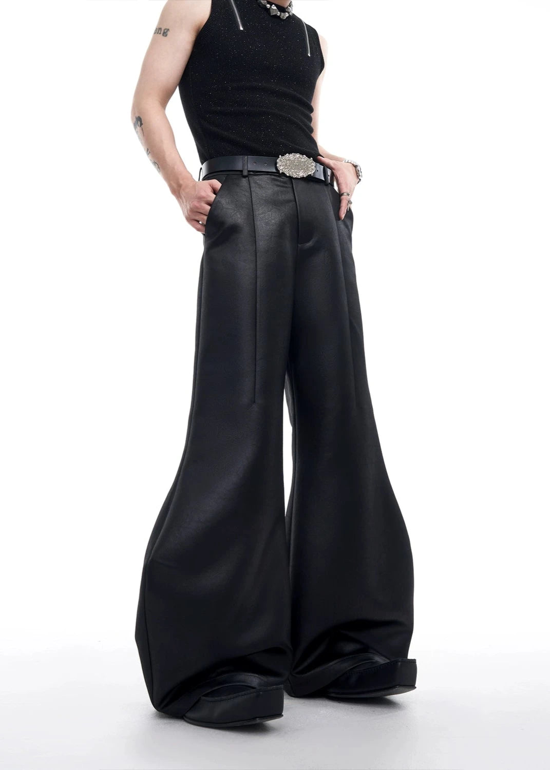 black satin scimitar wide leg pants gm15893