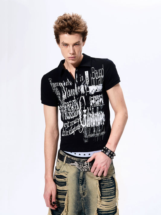 Gothic Grunge Distressed Print Slim Poloshirt gm16425