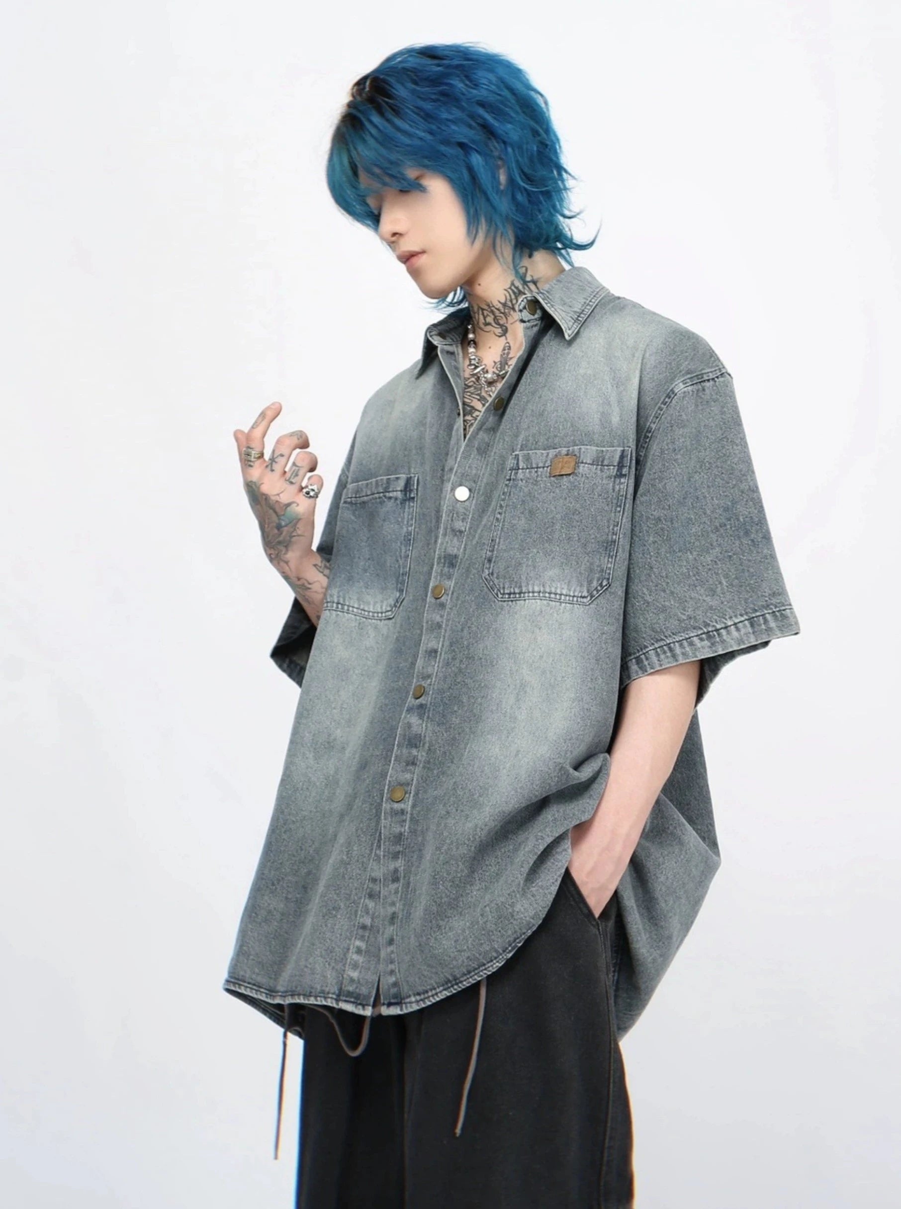 retro washed denim short-sleeved shirt gm15340