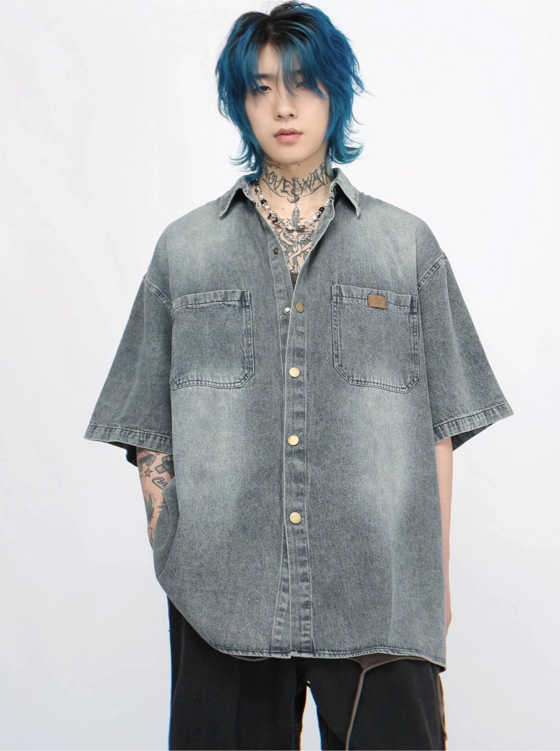 retro washed denim short-sleeved shirt  gm15340