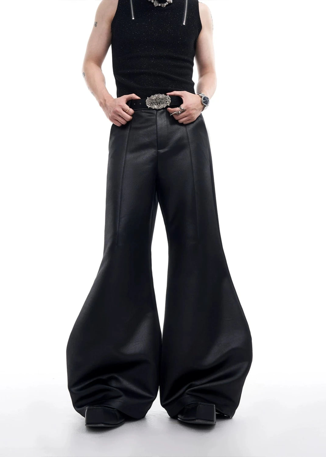 black satin scimitar wide leg pants gm15893