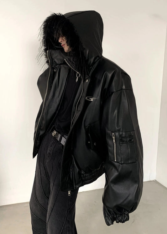 fur hooded leather jacket gm16329
