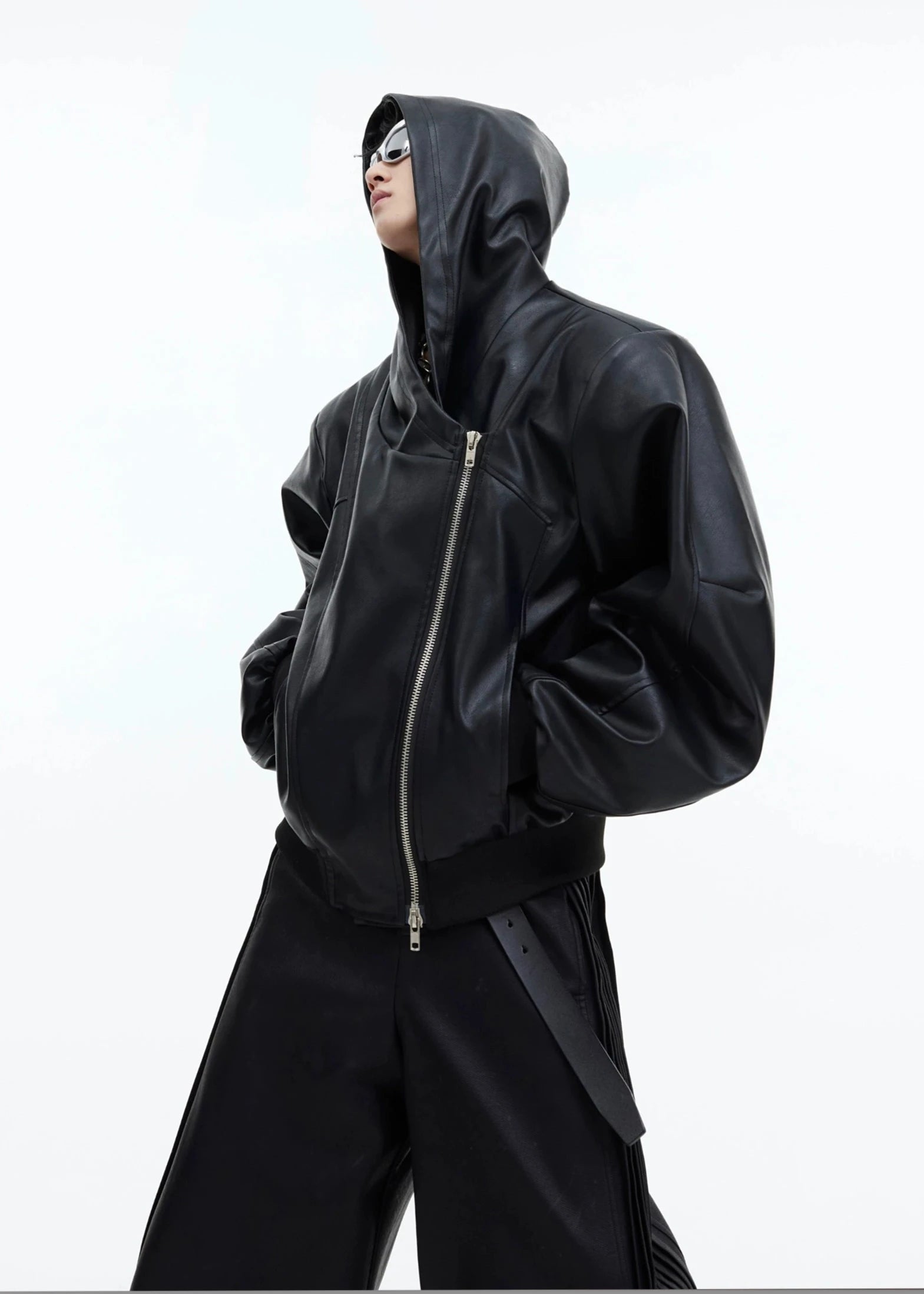 zip leather hoodie gm15980