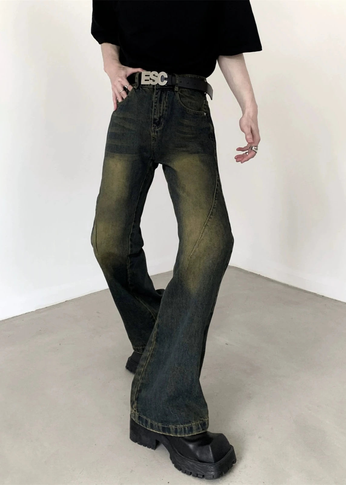 yellow flared denim pants gm16319