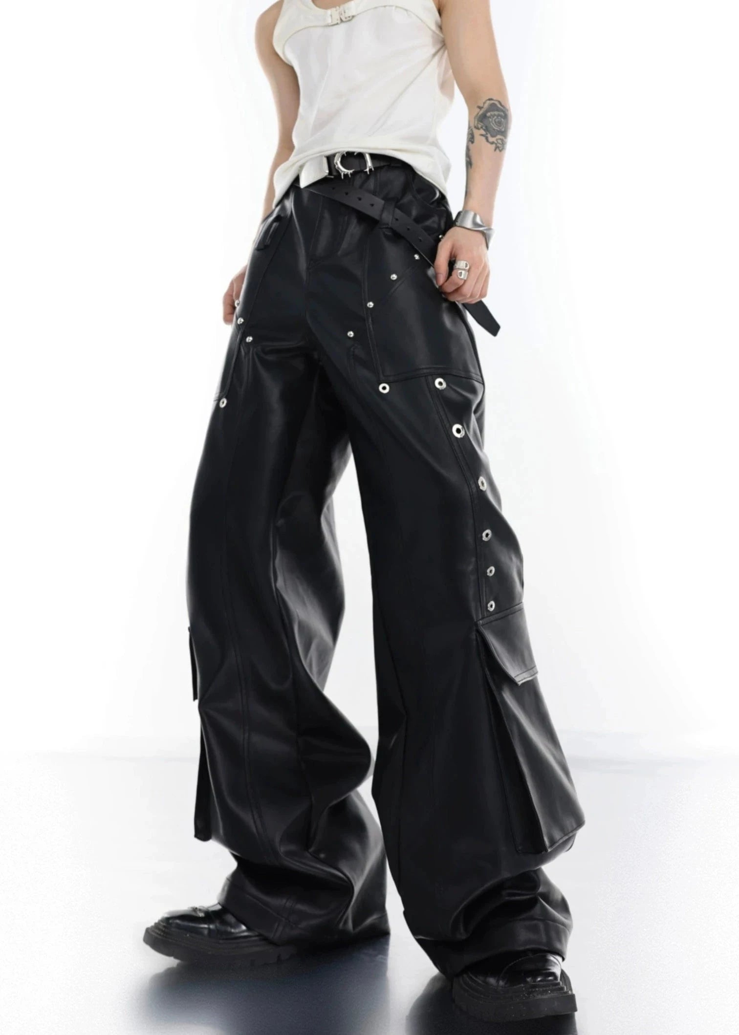 large pockets and splicing design wide leg pants gm15306