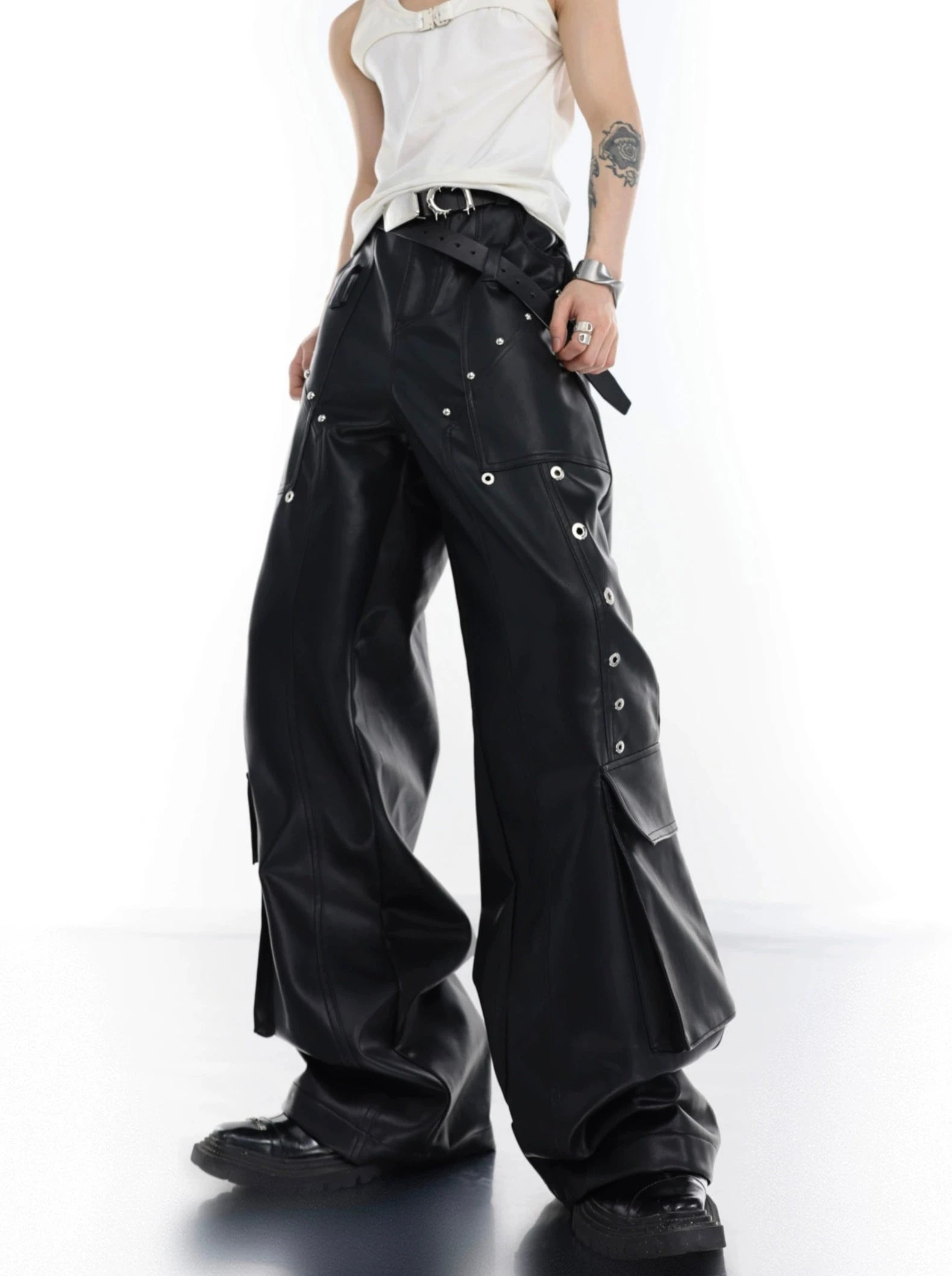 large pockets and splicing design wide leg pants gm15306