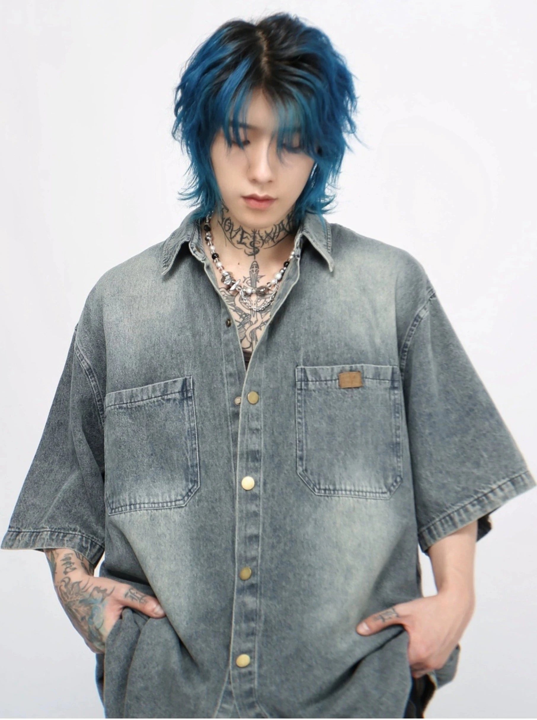 retro washed denim short-sleeved shirt  gm15340