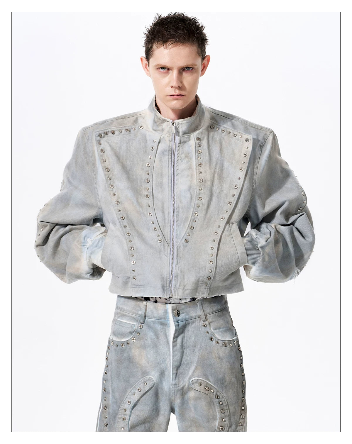 Vintage Wash Studs Denim Cropped Jacket 01