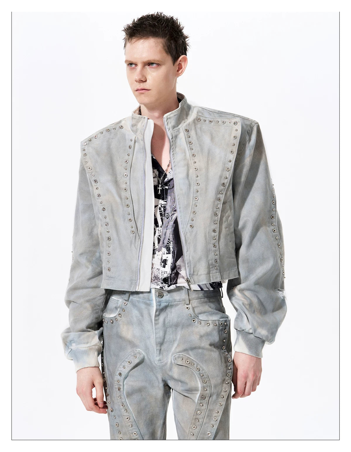 Vintage Wash Studs Denim Cropped Jacket 09
