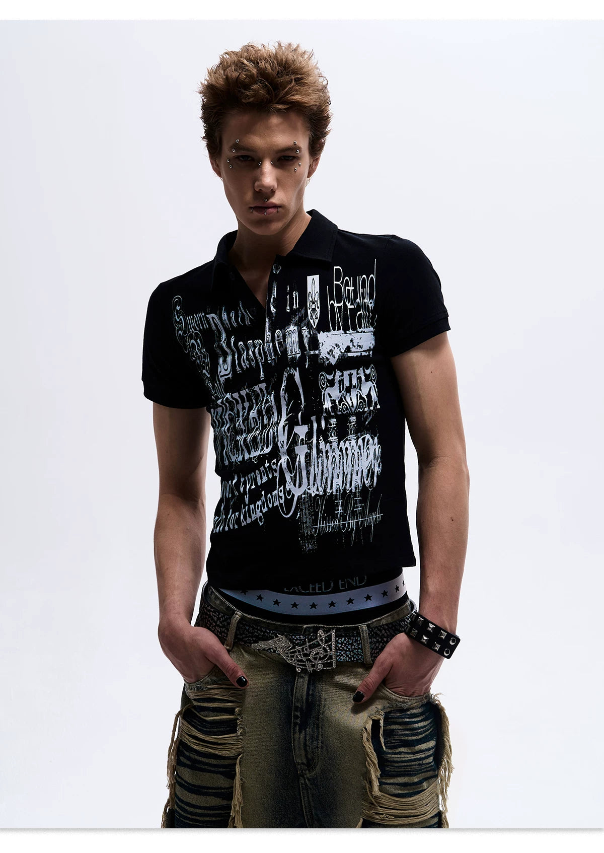 Gothic Grunge Distressed Print Slim Polo gm16425 01