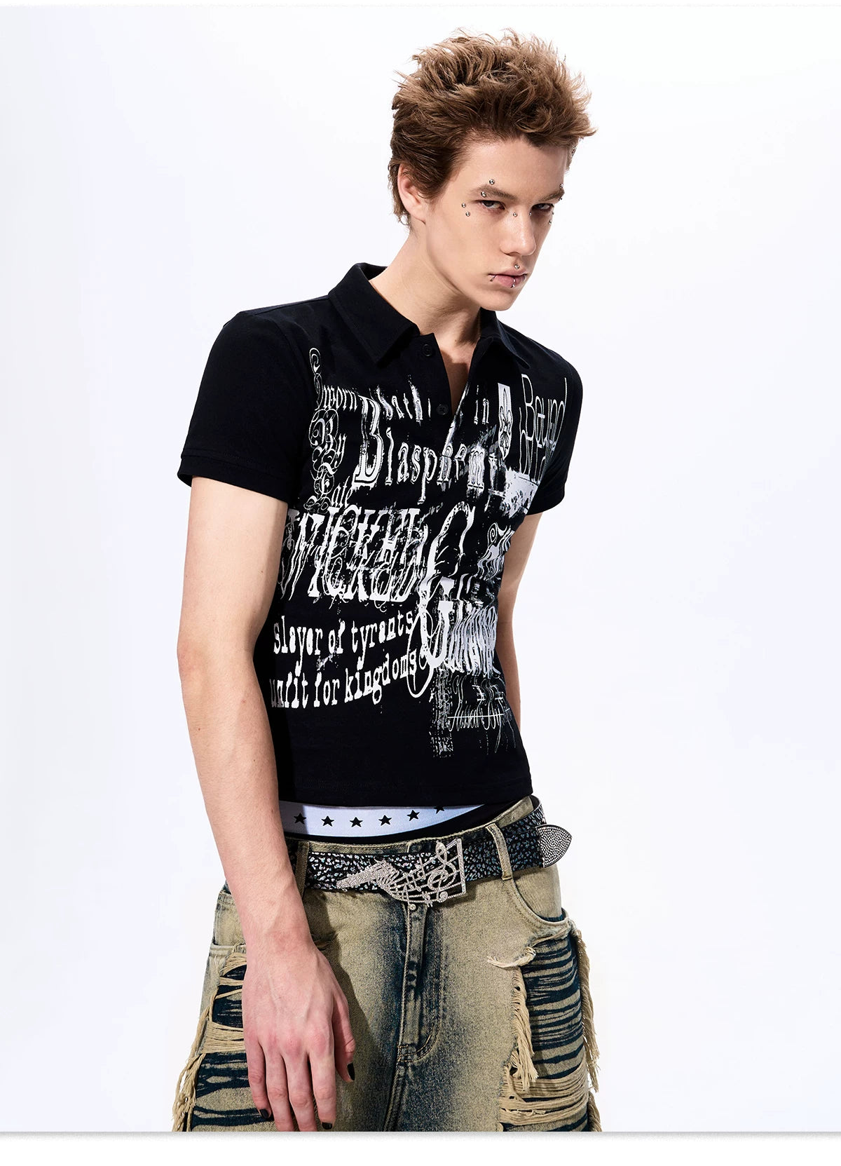 Gothic Grunge Distressed Print Slim Polo gm16425 03
