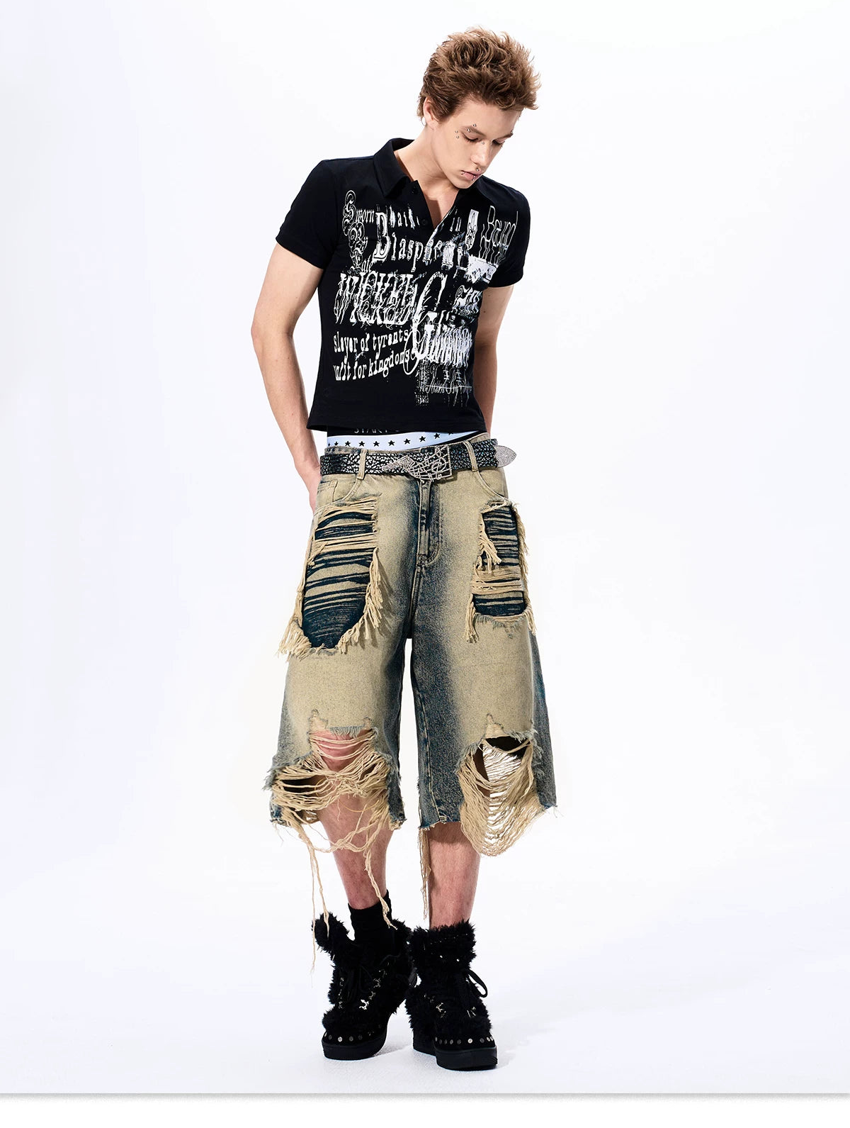 Gothic Grunge Distressed Print Slim Polo gm16425 05